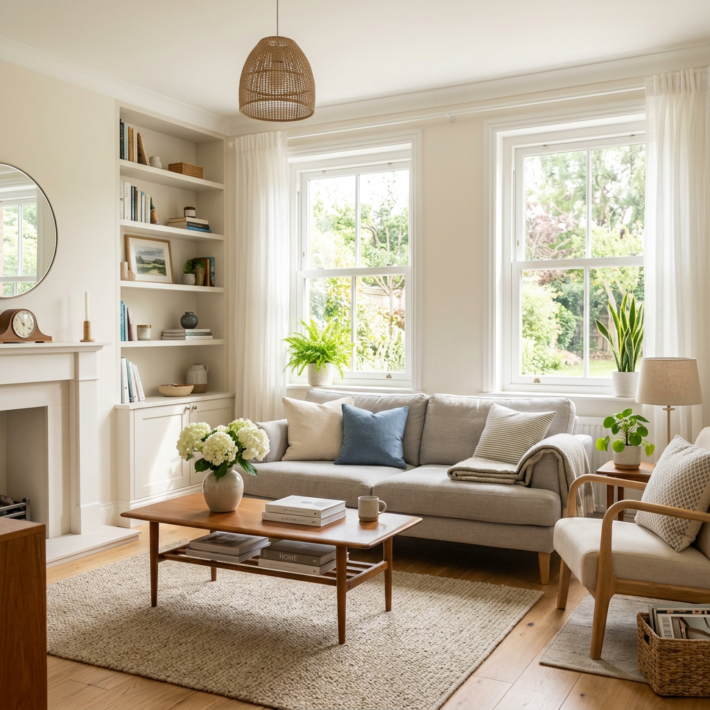 Cozy living room with a gray sofa, wooden coffee table, plants, and natural light